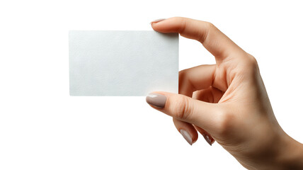 Obraz premium Female hand holding blank credit card isolated on transparent background — high-resolution PNG cutout for e-commerce, payment and banking design mockups, realistic skin tone, close-up with copy space