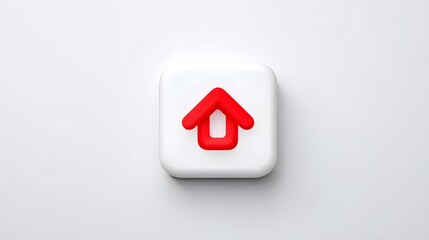 White rounded square icon with a red 3D house symbol on a light grey background