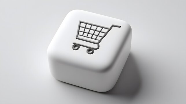 White cube with embossed shopping cart icon on a grey background ecommerce - Powered by Adobe