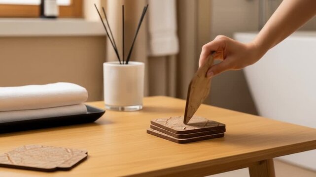 Textured coasters rest on light wooden table