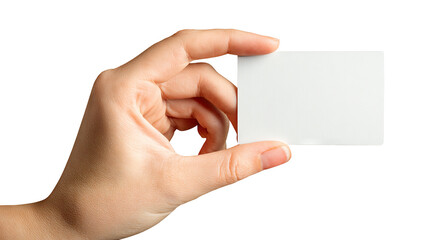 Obraz premium Female hand holding blank credit card isolated on transparent background — high-resolution PNG cutout for e-commerce, payment and banking design mockups, realistic skin tone, close-up with copy space