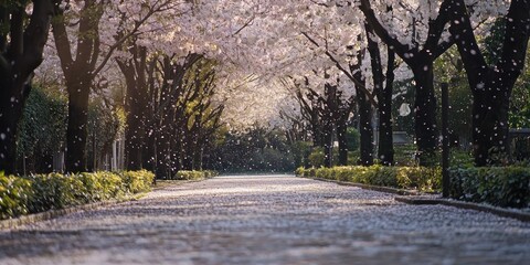 A park lined with cherry blossom trees, with petals gently falling to the ground