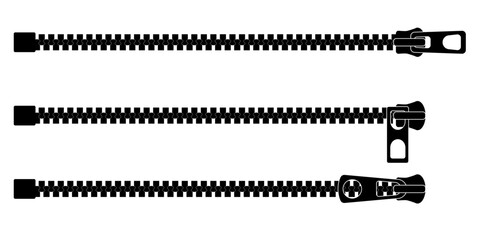 Open zipper illustration in vector style. Realistic zip fastener for bag pocket or sport jacket. Fashion puller icon with detailed metal clasp design. CAD template for accessories or wear.