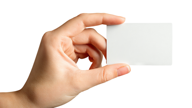 Female hand holding blank credit card isolated on transparent background — high-resolution PNG cutout for e-commerce, payment and banking design mockups, realistic skin tone, close-up with copy space