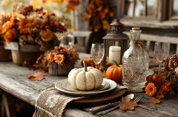 Beautiful autumn place setting and decor on wooden table, space for text