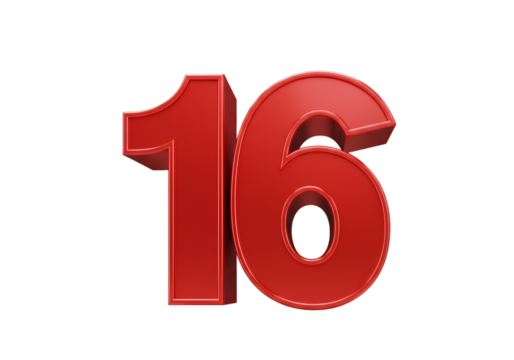 Isolated 3D Rendered Red Number 16 on a Transparent Background - Powered by Adobe