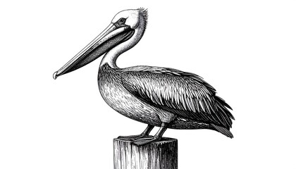 Detailed monochrome drawing of a pelican perched on a wooden post