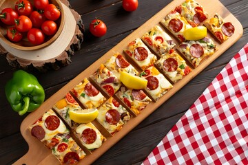 Delicious rectangular pizza slices topped with pepperoni and cheese served on a wooden board with fresh vegetables