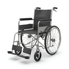 Fototapeta premium Photo of a Metallic Wheelchair with Black Seat and Wheels on White Isolated Background
