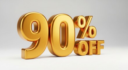 A golden ninety percent off sign against a white background in a studio setting with soft lighting