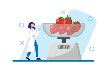 Strawberries on Scale with Woman in Lab Coat Pointing