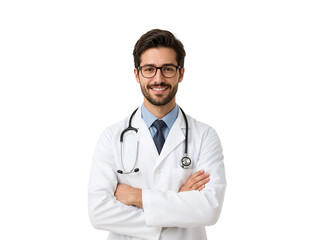 Fototapeta premium Confident and approachable young doctor with a friendly smile and crossed arms stands on a blank