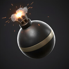 Photo Of A Black Bomb Exploding With Fire Smoke And Spark on Dark Background