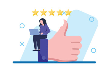 Smiling Woman Using Laptop Sitting on Thumbs Up with Stars Review