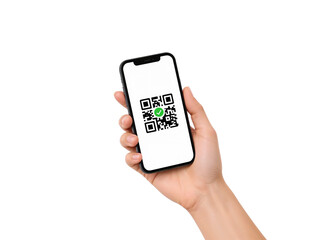 A Hand Holding a Smartphone Displaying a Successful QR Code Scan on an Isolated Background