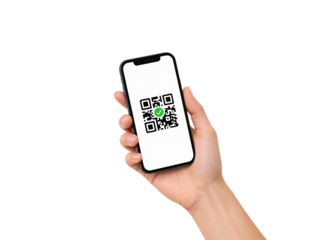 A Hand Holding a Smartphone Displaying a Successful QR Code Scan on an Isolated Background