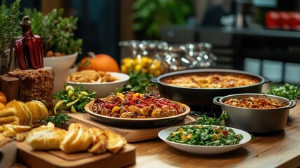 Fototapeta premium Thanksgiving dinner preparation with a rich variety of traditional dishes, on blurred background 