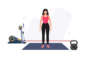 Fototapeta premium Young Woman Standing Near Elliptical Machine in Home Gym Minimalist Fitness Illustration