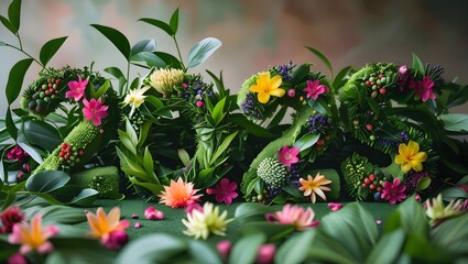 Naklejka premium Floral Abundance A Lush Tapestry of Flowers and Foliage in Vibrant Harmony and Serene Stillness