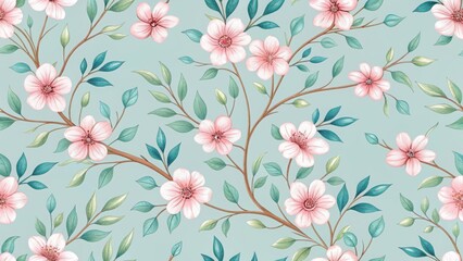 Seamless pattern with pink cherry blossom flowers and green leaves, watercolor illustration