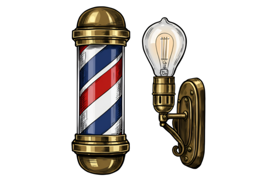 Illustration Of Barber Pole And Light Bulb In Vintage Gold On Black Background
