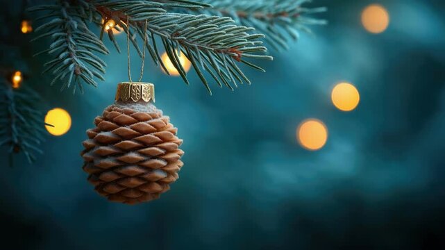 Festive pinecone ornament on frosty evergreen branch with golden lights