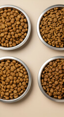 Overhead View of Four Bowls with Pet Food on Beige Background