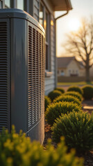 Residential AC Unit Running in Full Sun With Condensation Beads, Green Bushes, Clear Sky