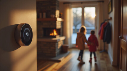 Cozy Hallway Scene with Smart Thermostat and Kids Playing