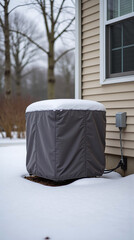 Residential AC Unit With Winter Cover And Light Snow, Barren Trees In Background