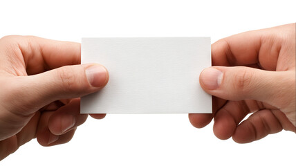 Hands exchanging a blank business card mockup — high-resolution PNG cutout on transparent background, realistic skin detail, clean minimal branding template with copy space, isolated studio lighting