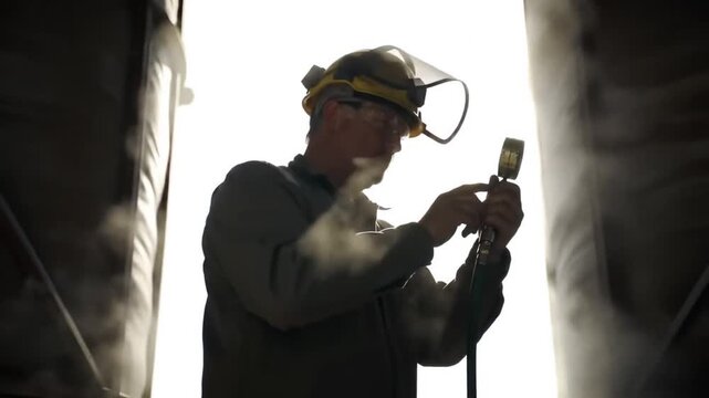 Geothermal Engineer Inspecting Steam Vent in Field