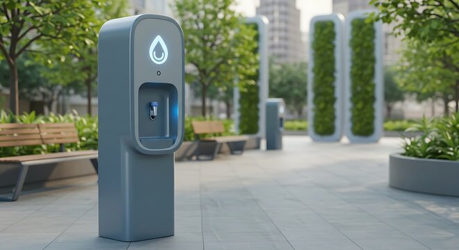 Sleek modern water refill station in a futuristic urban park with clean metallic curves and eco-friendly city background