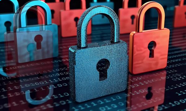 
A digital illustration depicting multiple padlocks in shades of blue and red, representing data security. The background is filled with binary code to symbolize the technological aspect.