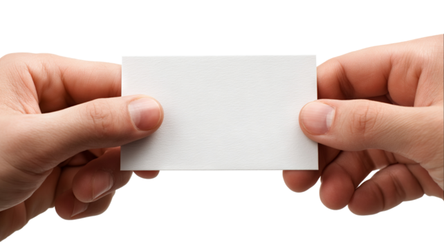 Hands exchanging a blank business card mockup — high-resolution PNG cutout on transparent background, realistic skin detail, clean minimal branding template with copy space, isolated studio lighting