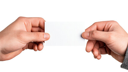 Hands exchanging a blank business card mockup — high-resolution PNG cutout on transparent background, realistic skin detail, clean minimal branding template with copy space, isolated studio lighting