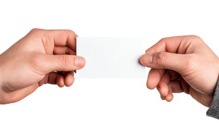 Hands exchanging a blank business card mockup — high-resolution PNG cutout on transparent background, realistic skin detail, clean minimal branding template with copy space, isolated studio lighting
