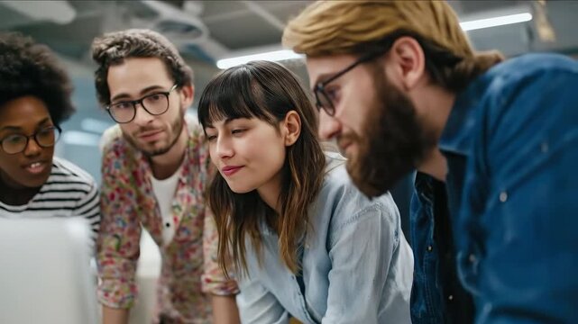 A group of people are looking at a computer screen. The woman in the middle is wearing glasses and has a serious expression on her face. The man on the left is wearing a striped shirt