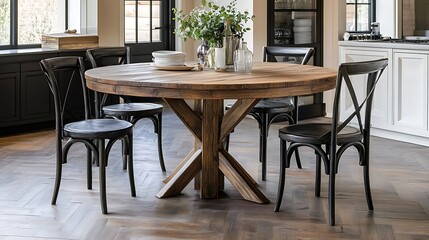 Elegant rustic interior with round table and glassware high resolution picture