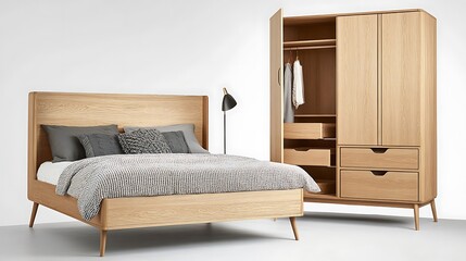 Elegant Scandinavian room layout with blanket drape on bed high resolution picture