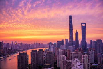 Overlooking Shanghai Lujiazui skyscrapers at golden dusk