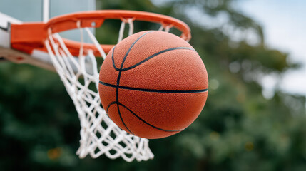 Fototapeta premium Close up of basketball hitting net, showcasing texture and details of ball. scene captures excitement of game, with blurred background enhancing focus on action