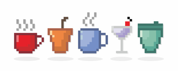 Pixel art of coffee cup and tea. Pixelated hot drinks.