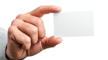 Male hand holding blank white card mockup on transparent background, high-resolution PNG cutout, realistic skin detail, right-hand close-up, copy space for logo or text, business card or ID badge