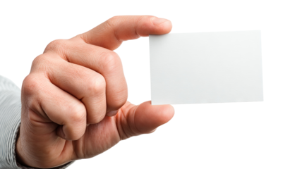 Male hand holding blank white card mockup on transparent background, high-resolution PNG cutout, realistic skin detail, right-hand close-up, copy space for logo or text, business card or ID badge