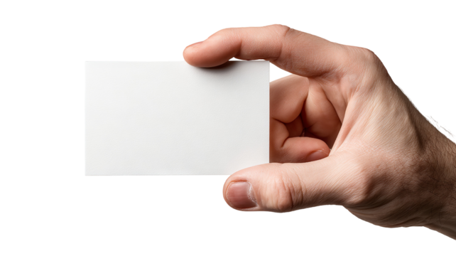 Male hand holding blank white card mockup on transparent background, high-resolution PNG cutout, realistic skin detail, right-hand close-up, copy space for logo or text, business card or ID badge