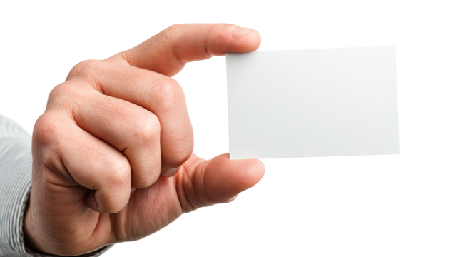 Male hand holding blank white card mockup on transparent background, high-resolution PNG cutout, realistic skin detail, right-hand close-up, copy space for logo or text, business card or ID badge