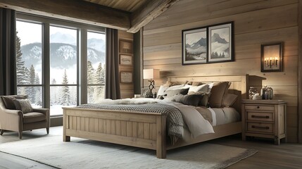 Handcrafted wood furniture in rustic home bedroom high resolution picture
