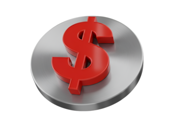 Isolated 3D Render of a Red Dollar Sign on Metallic Circle