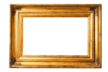 Antique gold wooden rectangular picture frame with ornate carved detailing, empty center, high-resolution isolated PNG cutout on transparent background for classic art mockups, vintage décor